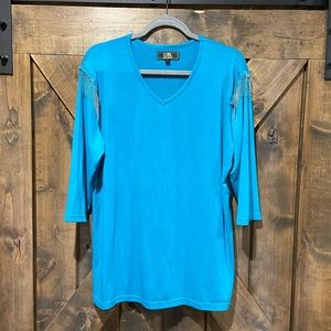 NWOT L&B Rhinestone Fringe Blue V-Neck 3/4 Sleeve Top